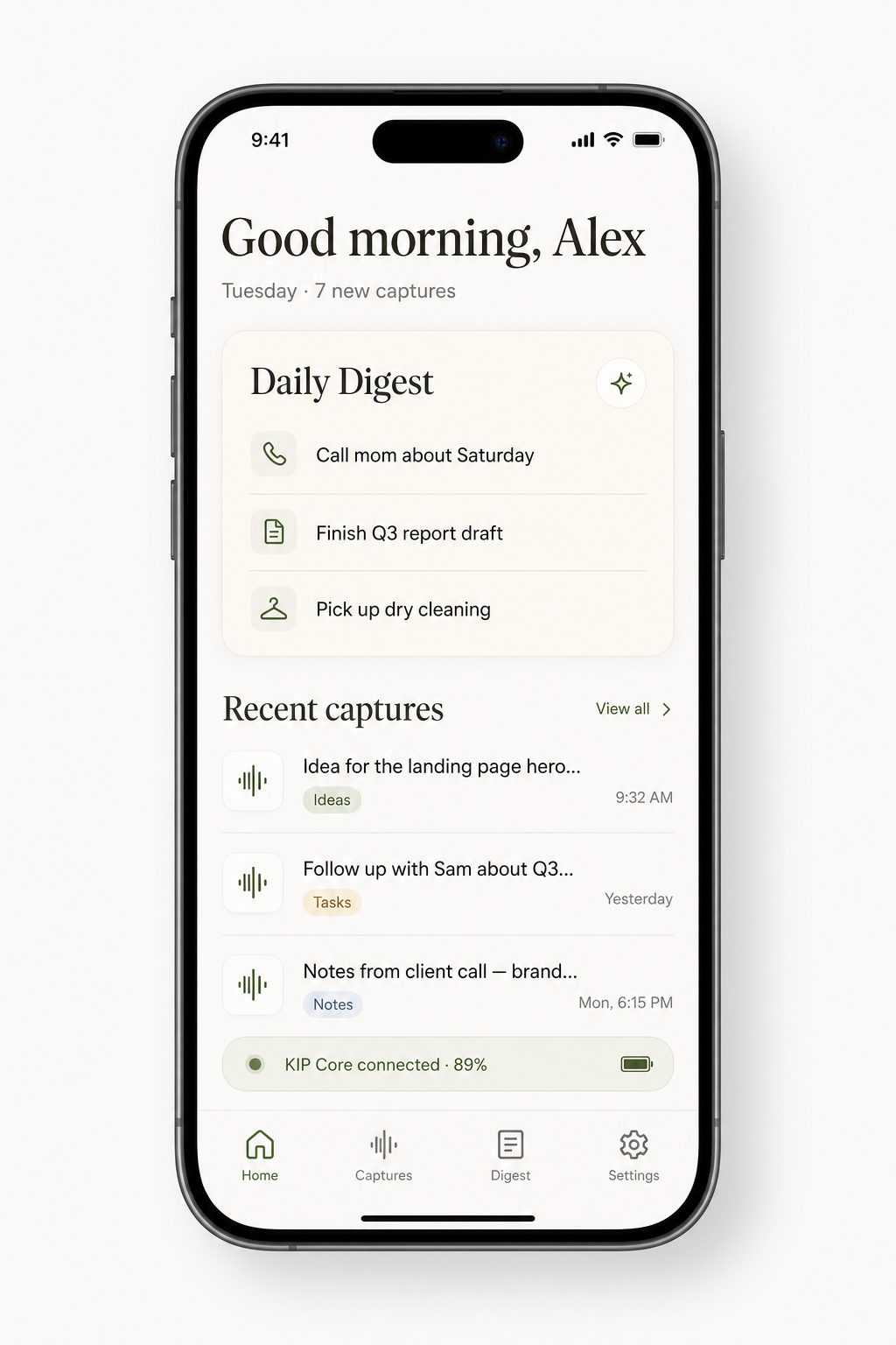 KIP companion app showing Daily Digest and recent captures